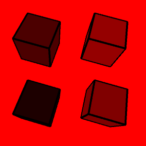 four cubes with black edges and red background. Going clockwise from the upper left, the cube faces are all shades of red.