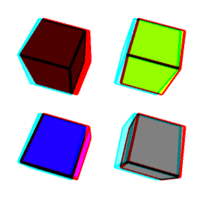 four cubes with black edges. Going clockwise from the upper left, the cube faces are red, greenish-yellow, gray, and blue.