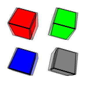 four cubes with black edges. Going clockwise from the upper left, the cube faces are red, green, gray, and blue. The lines are blurry.