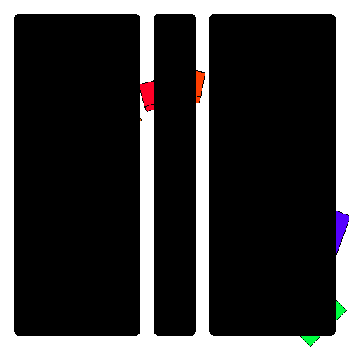 three black rectangles with two white bars separating them, pieces of colored cubes are visible only in the non-black areas.