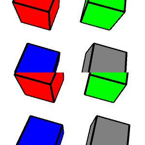 composite of the same four cubes with black edges pictured twice, one above the other. Going clockwise from the upper left, the cube faces are red, green, gray, and blue.