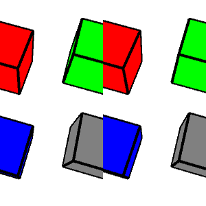 composite of the same four cubes with black edges pictured twice, one on the right and one on the left. Going clockwise from the upper left, the cube faces are red, green, gray, and blue.