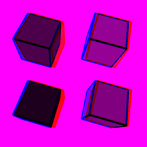 four cubes with black edges, magenta faces, with a magenta background.