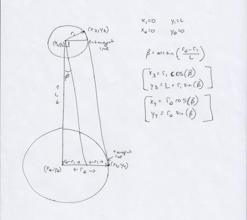 Trigonometry calculations for constructing a truncated cone tangent to the surface of two spheres.