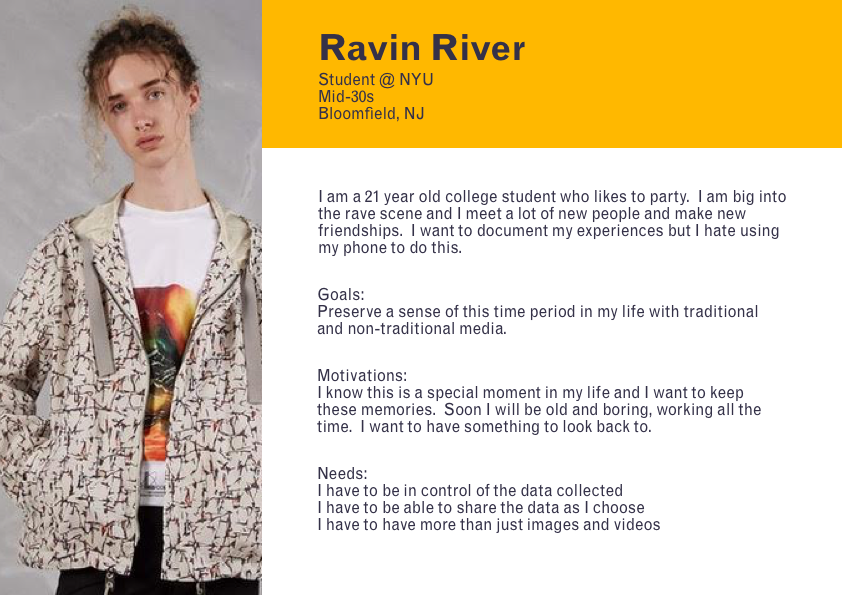 marking persona of Ravin River, a college student that likes to party. River wants to document their experiences without using their phone