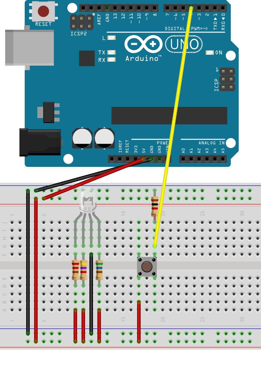 incorrect circuit diagram! arduino connected to breadboard with single 3 color LED, and three resistors connected to the LED leads, but the resistors are incorrectly connected to power and not pins 8, 9, and 10.