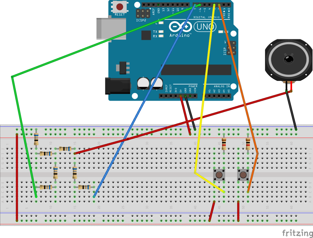 arduino connected to breadboard with two buttons hooked up with pullup resistors, and a mess of resistors connected to a speaker, connected to ground.