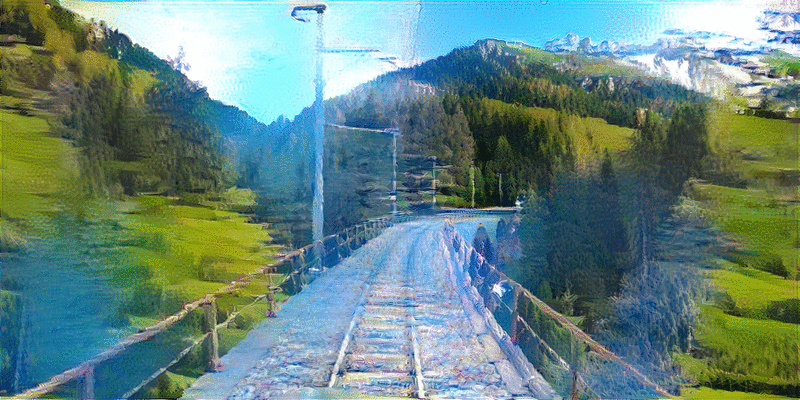 Image of Swiss Alps with train tracks, except with bizarre blotchy colors