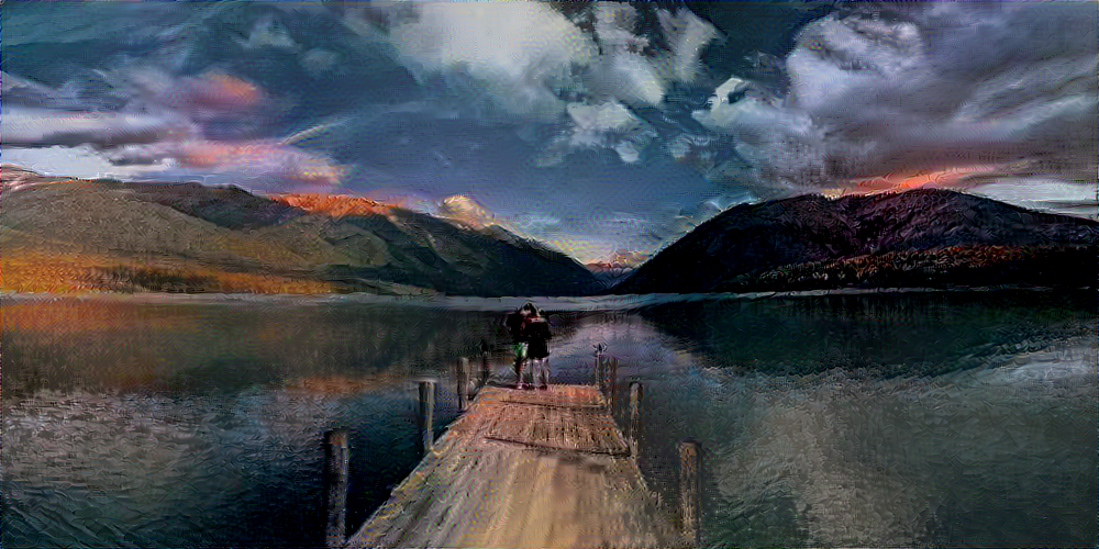 painting of dock with couple embracing at the end of it, a large lake around them and mountains and clouds in the distance.