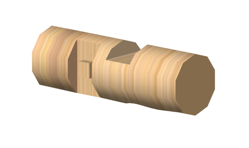 Computer generated image of cylinder with holes shaped like cones and boxes. One of the holes has an extra cube extrusion added to it.