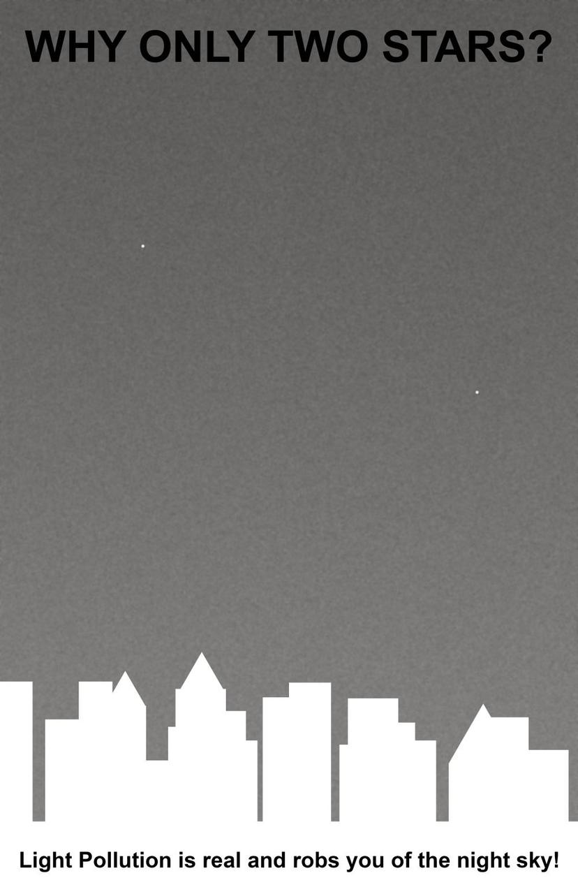 silhouette of buildings beneath a sky with two stars and the printed question "Why Only Two Stars?"