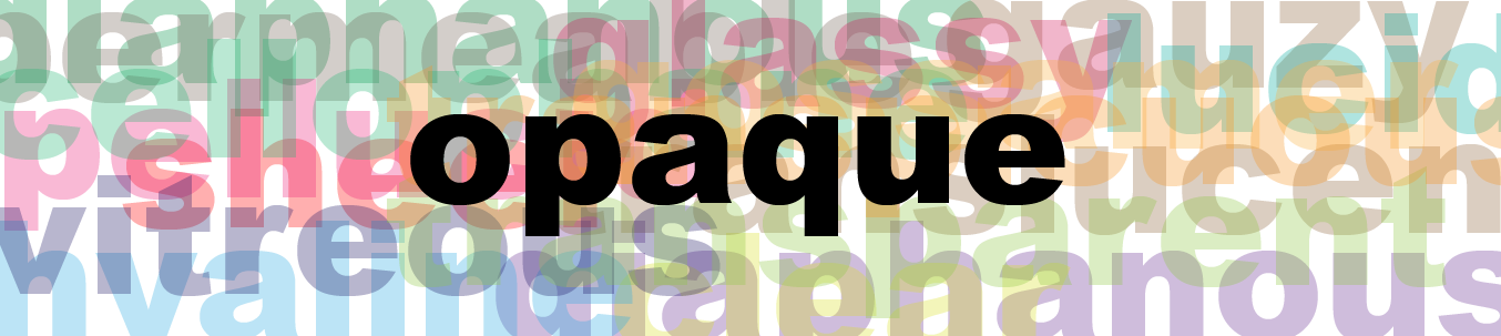 The word "opaque" in the center with words related to transparency like glassy and diaphanous randomly placed behind it.